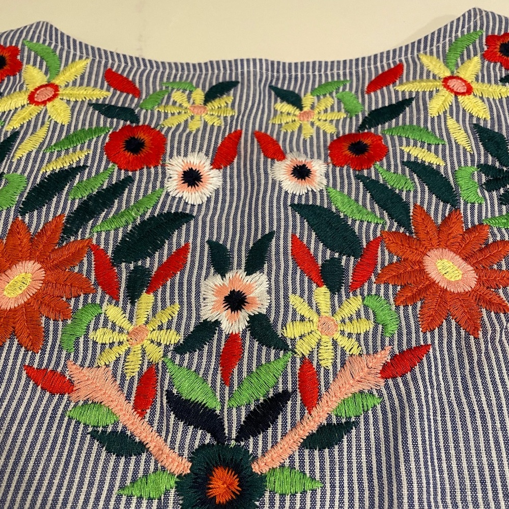 Zara Blue Striped Blouse with Multicolor Floral Embroidery